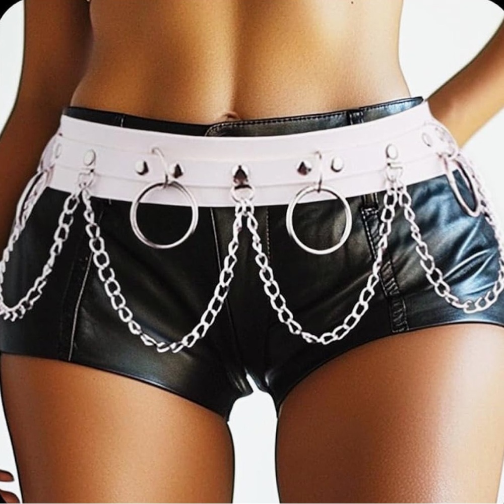 White vegan Leather belt chain rings buckle bondage fetish festival club rave